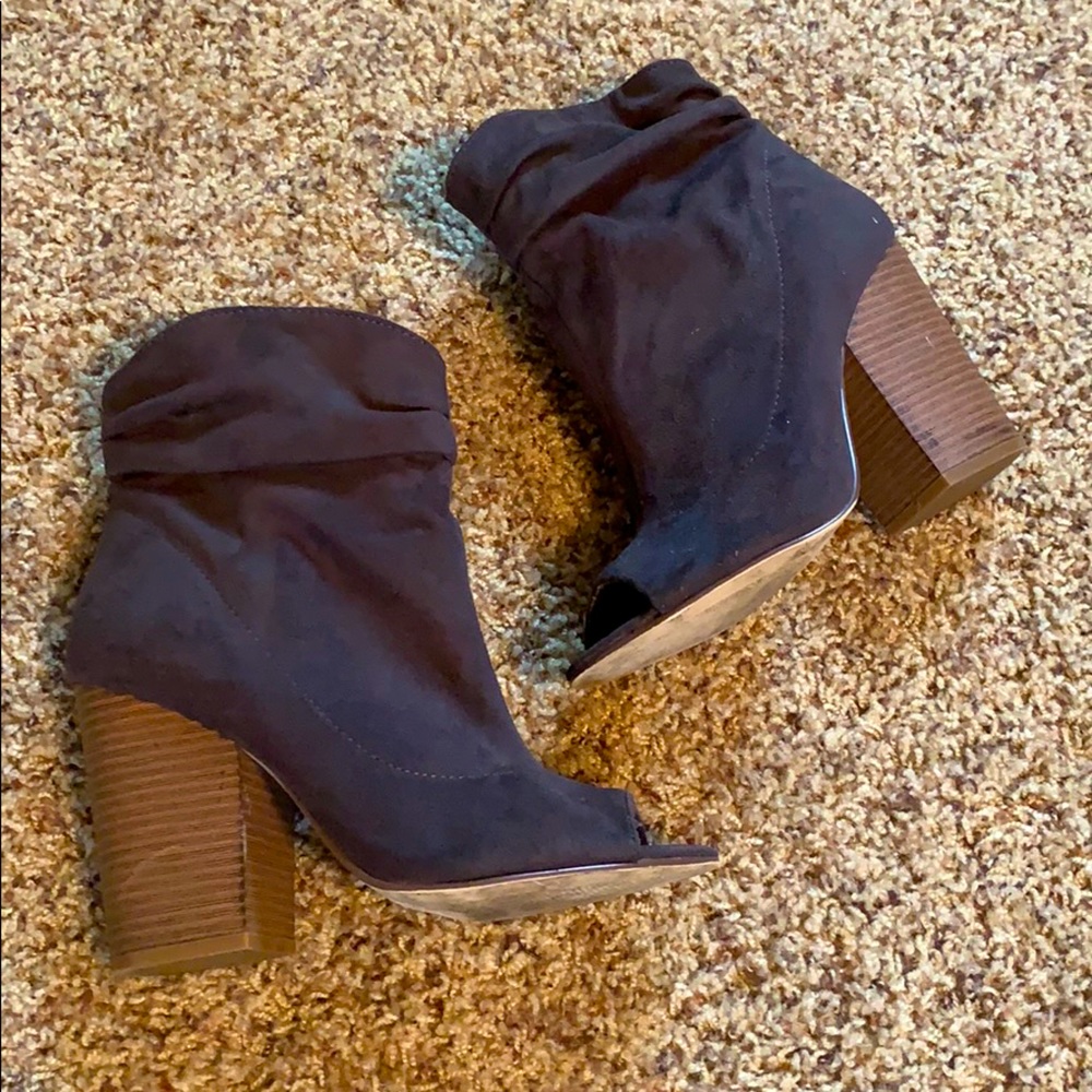 Peep toe suede booties